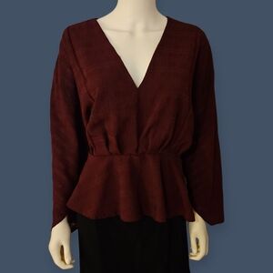 LONDON ROSE Burgundy Plum Deep V Surplice Peplum Dolman Sleeve Top
